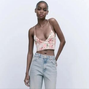 NWT Zara Cropped Top M White Pink Floral Crisscross Tie Back Corset Beach Summer